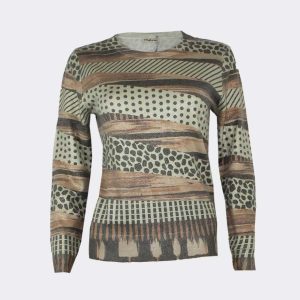 Jersey mujer cuello redondo, estampado a’franjas’ con motivos geométrico y ‘animal print’, acabado apurpurinado