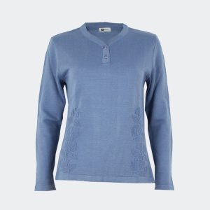 Jersey mujer cuello lágrima con dos botones con motivo floral en relieve en el delantero