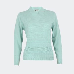 Jersey mujer punto cuello pico con detalle de dos botones delantero con relieves combinados