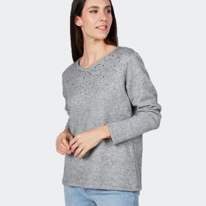 Jersey mujer punto fino manga larga cuello redondo con detalle brillantitos en el escote