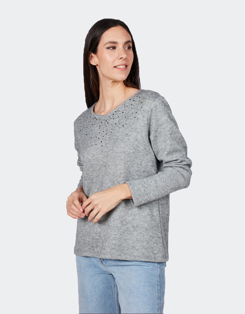 Jersey mujer punto fino manga larga cuello redondo con detalle brillantitos en el escote