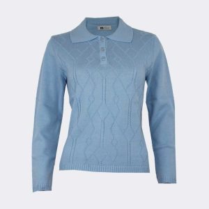 Jersey polo mujer punto con tres botones, relieve rombos y trenzas
