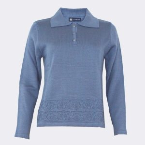 Jersey mujer de punto cuello polo con botones detalle cenefa relieve en manga y bajo