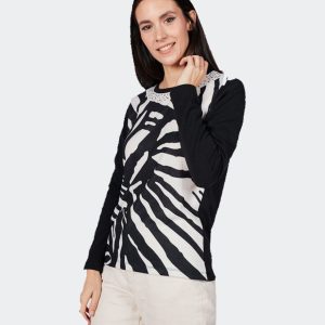 Jersey mujer estampado ‘animal print’ en blanco y negro con detalle de brillantitos en escote