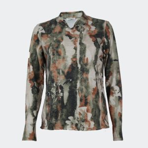 Jersey mujer punto fino cuello mao en pico delante, estampado abstracto en verdes marrones y naranjas