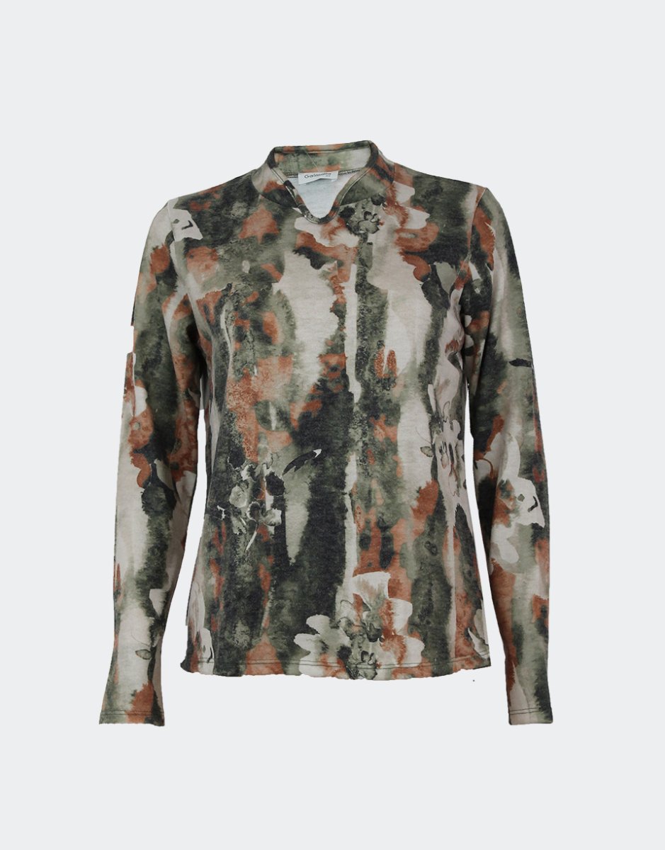 Jersey mujer punto fino cuello mao en pico delante, estampado abstracto en verdes marrones y naranjas - Imagen 2