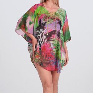 Kaftán Rasdemar Multicolor con Estampado de Palmeras y Detalle de Cordones. 26504