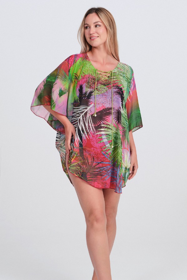 Kaftán Rasdemar Multicolor con Estampado de Palmeras y Detalle de Cordones. 26504 - Imagen 2