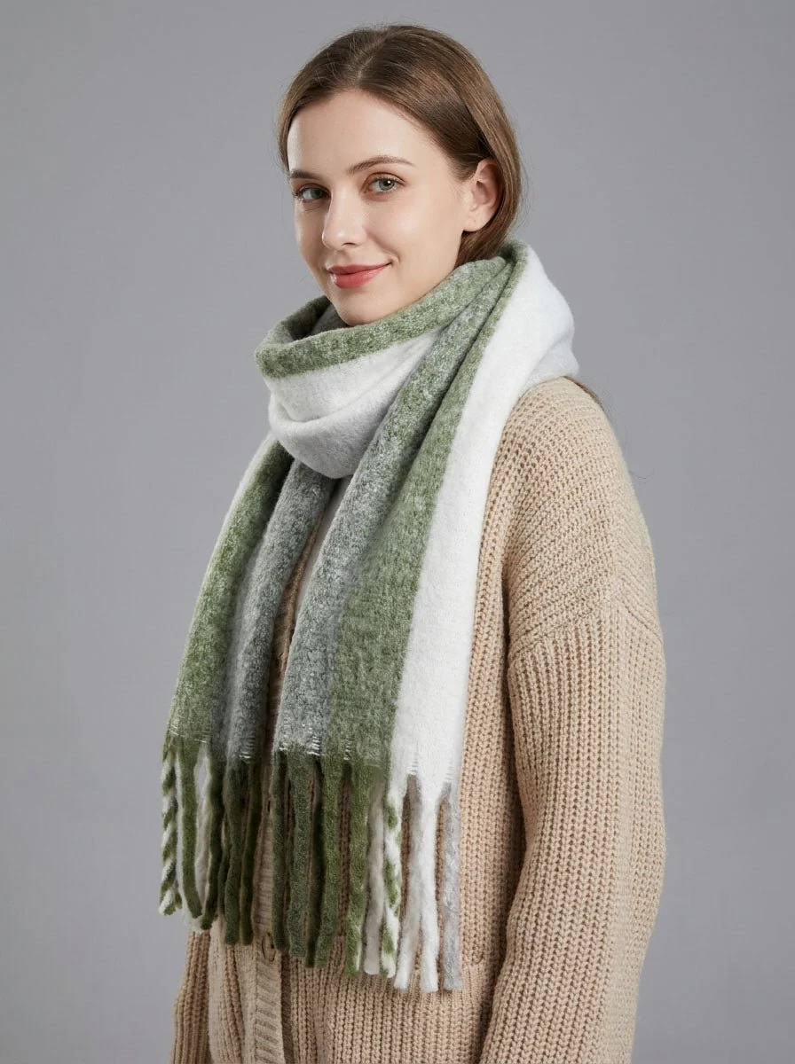 Women Soft Color Block Fringe Scarf - Imagen 7