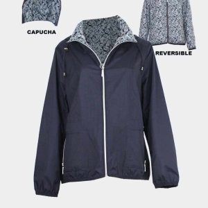 Parka mujer VERANO gorro extraible azul marino-estampado plantas REVERSIBLE