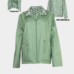 Parka mujer VERANO con gorro extraible verde-triangulos verdes REVERSIBLE