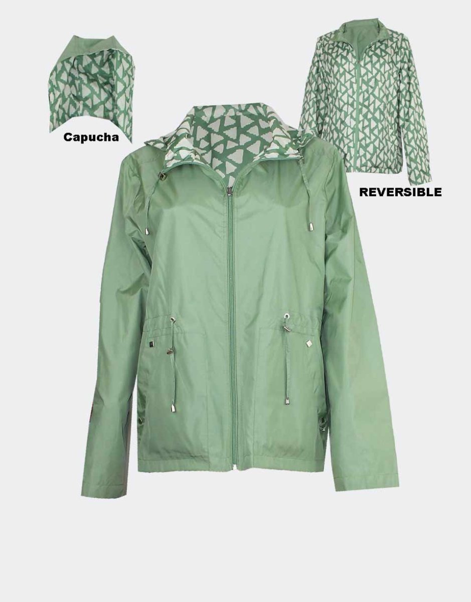 Parka mujer VERANO con gorro extraible verde-triangulos verdes REVERSIBLE - Imagen 2