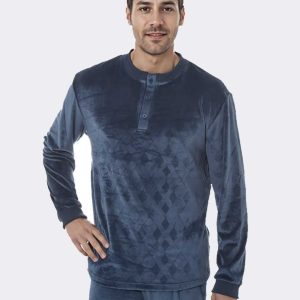 Pijama de hombre punto terciopelo con tapeta de botones, liso con relieve geométrico