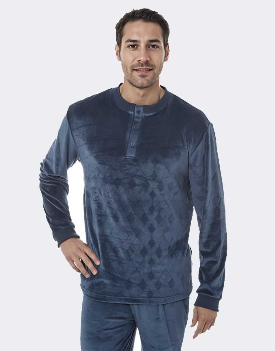 Pijama de hombre punto terciopelo con tapeta de botones, liso con relieve geométrico