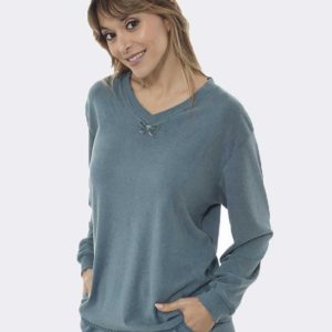 Pijama de mujer punto suave felpado en cuello pico