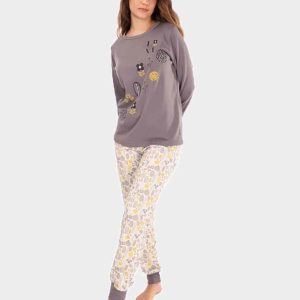 Pijama de mujer punto felpa estampado hojas amarillo y grises