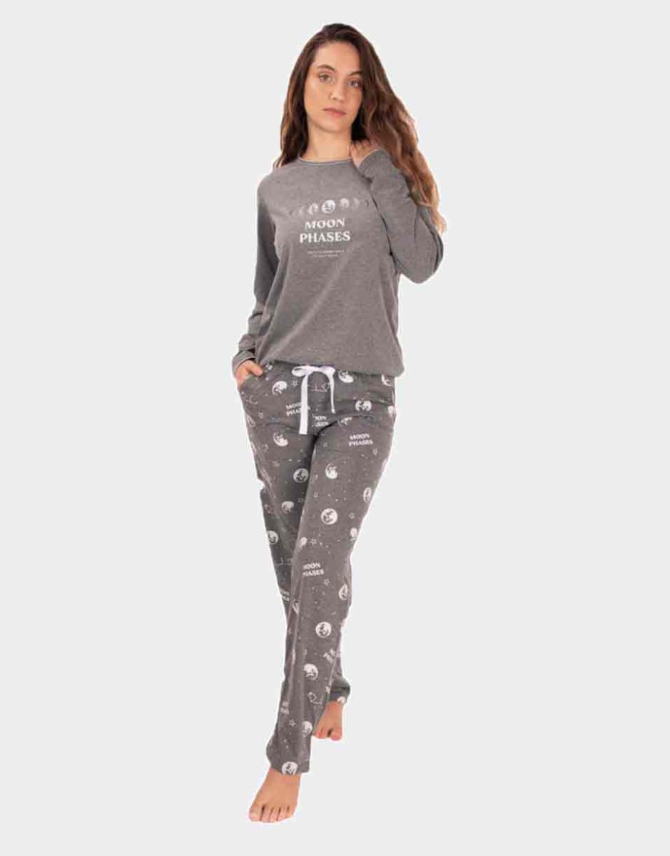 Pijama de mujer punto fino manga larga dibujo ‘fases lunares’