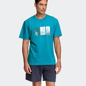 Pijama punto hombre corto verano con dibujo posicionado con bici y edificios ciudades y bici