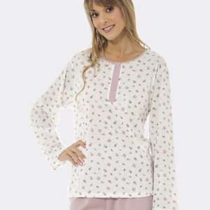 Pijama mujer entretiempo punto manga larga, pantalón largo estampado florecitas