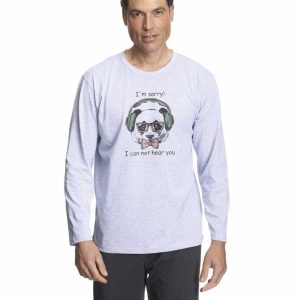 Pijama hombre punto fino ENTRETIEMPO manga larga y pantalón largo, ‘Perro con auriculares’