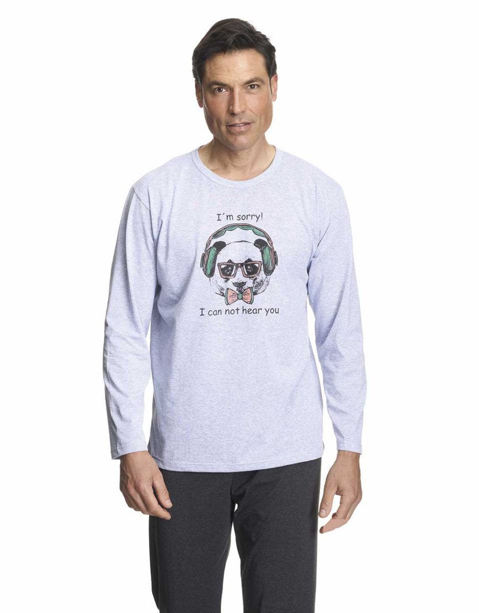 Pijama hombre punto fino ENTRETIEMPO manga larga y pantalón largo, ‘Perro con auriculares’