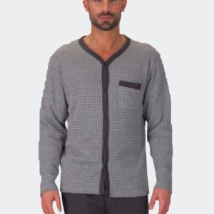 Pijama hombre punto felpa largo con chaqueta abierta con botones y bolsillo estampado en grises en cuadritos