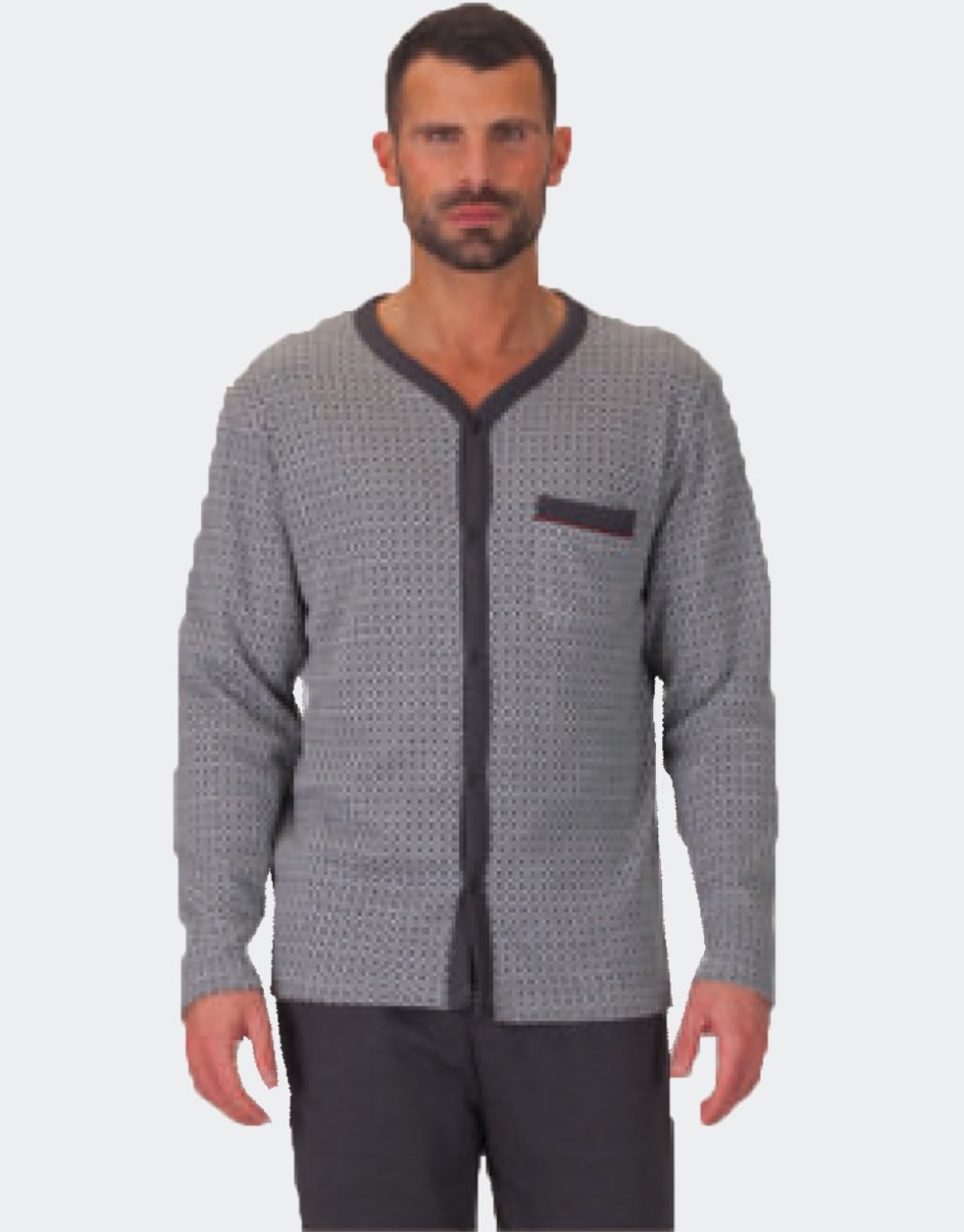 Pijama hombre punto felpa largo con chaqueta abierta con botones y bolsillo estampado en grises en cuadritos - Imagen 2