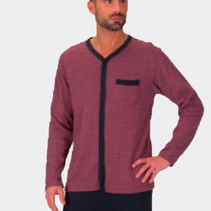 Pijama hombre punto felpa largo con chaqueta abierta con botones y bolsillo estampado geométrico