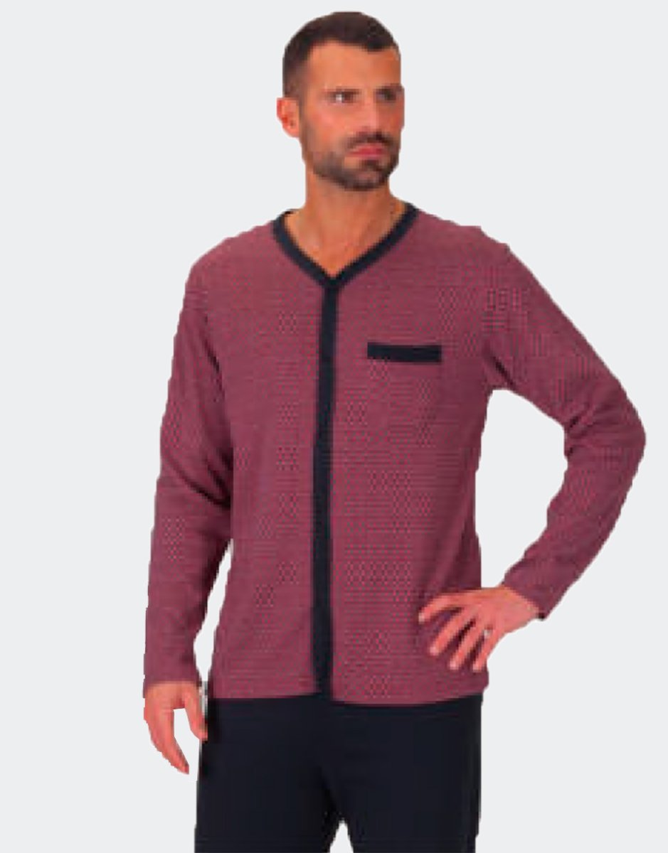Pijama hombre punto felpa largo con chaqueta abierta con botones y bolsillo estampado geométrico