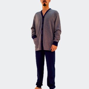 Pijama hombre punto felpa abierto por delante chaquetilla de espigas con un bolsillos
