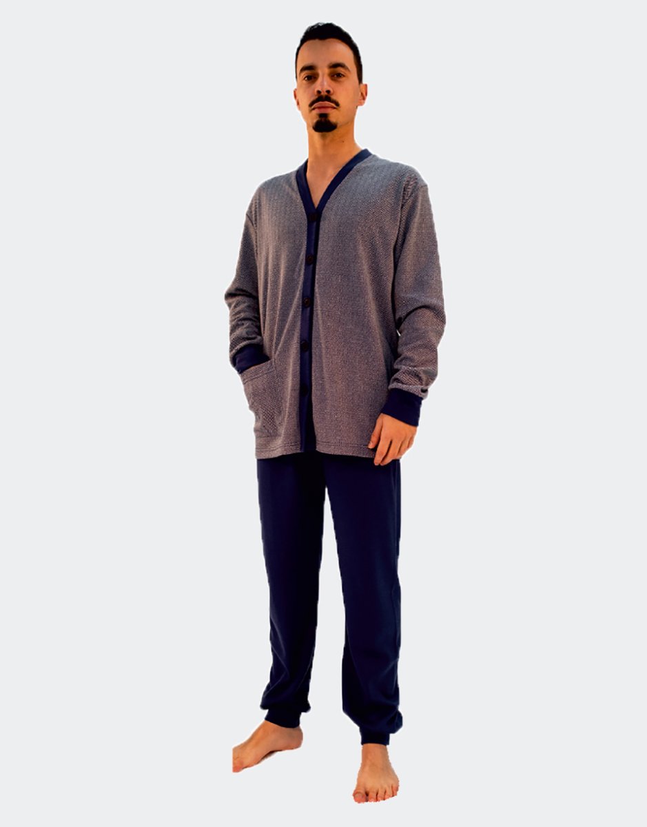 Pijama hombre punto felpa abierto por delante chaquetilla de espigas con un bolsillos - Imagen 2