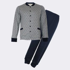 Pijama hombre felpa ABIERTO cuello redondo, estampado cuadraditos y pantalón liso