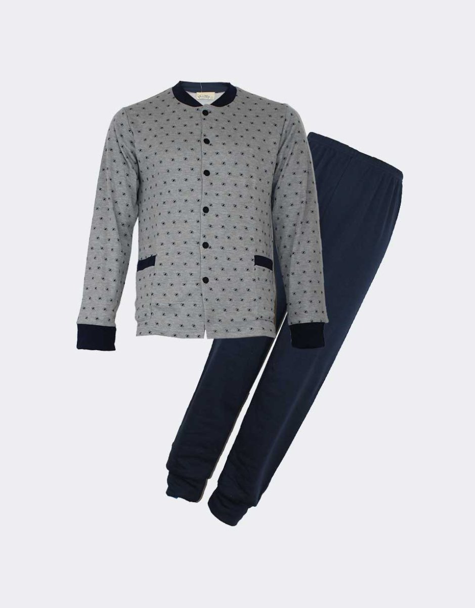Pijama hombre felpa ABIERTO cuello redondo, estampado cuadraditos y pantalón liso - Imagen 2