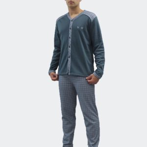 Pijama hombre punto felpa abierto por delante con detalle en cuadros en la chaqueta como los pantalones