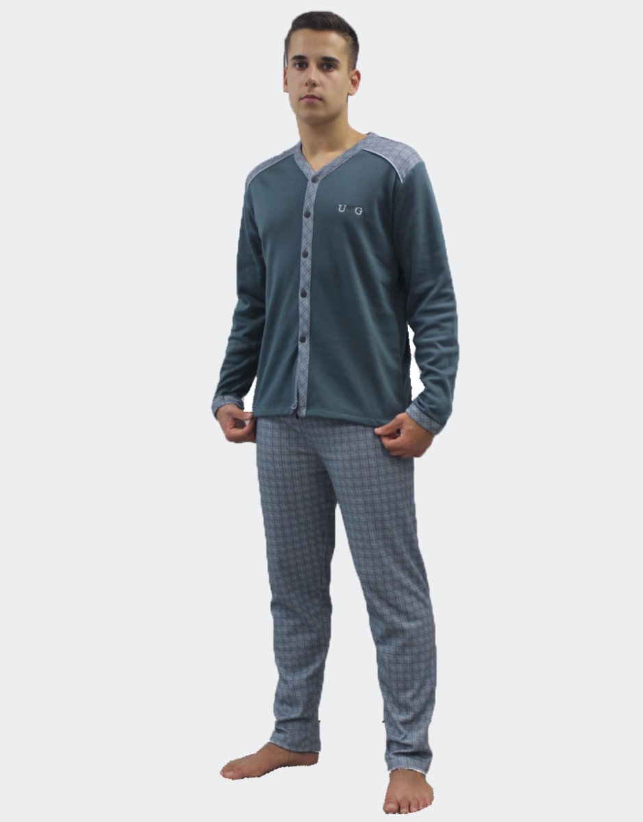 Pijama hombre punto felpa abierto por delante con detalle en cuadros en la chaqueta como los pantalones - Imagen 2
