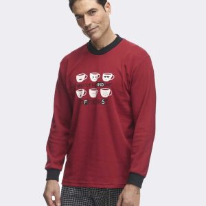 Pijama punto felpa hombre dibujo tazas de café y pantalón de cuadros