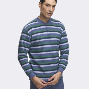 Pijama hombre punto felpa gruesa con tapeta dos botones a rayas