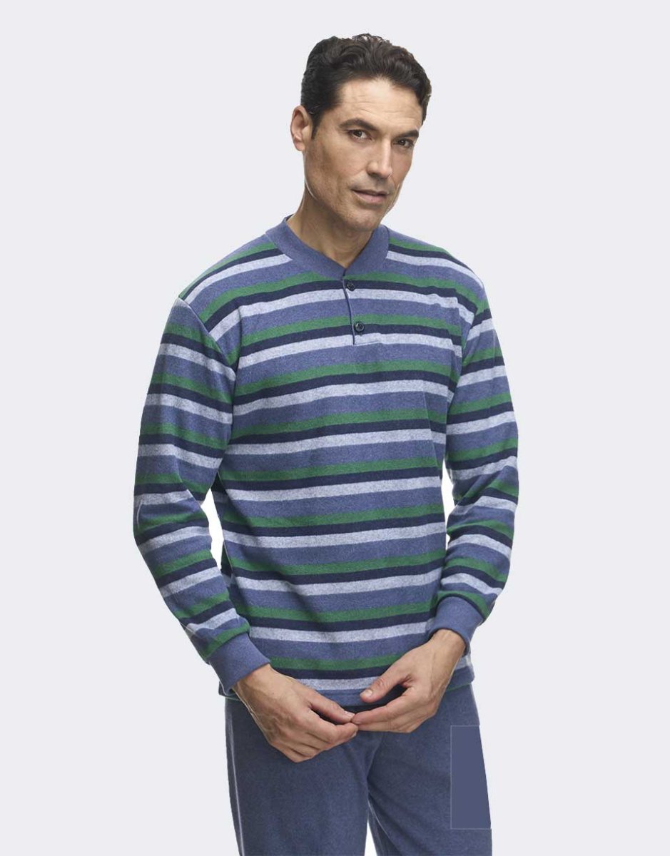 Pijama hombre punto felpa gruesa con tapeta dos botones a rayas - Imagen 2