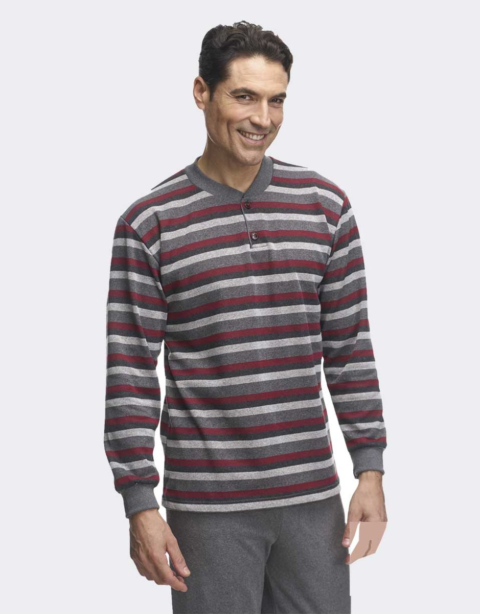 Pijama hombre punto felpa gruesa con tapeta dos botones a rayas - Imagen 3
