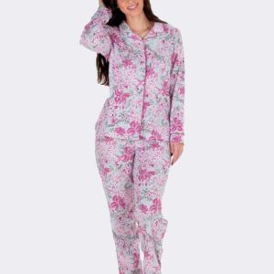 Pijama mujer punto felpa ABIERTO con cuello solapa estampado flores rosas