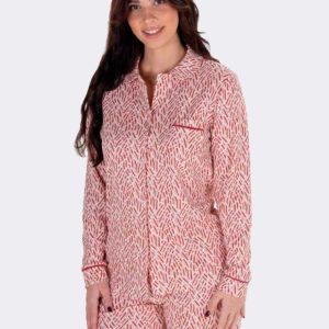 Pijama mujer felpa ABIERTO con cuello estampado rojo y asalmonado