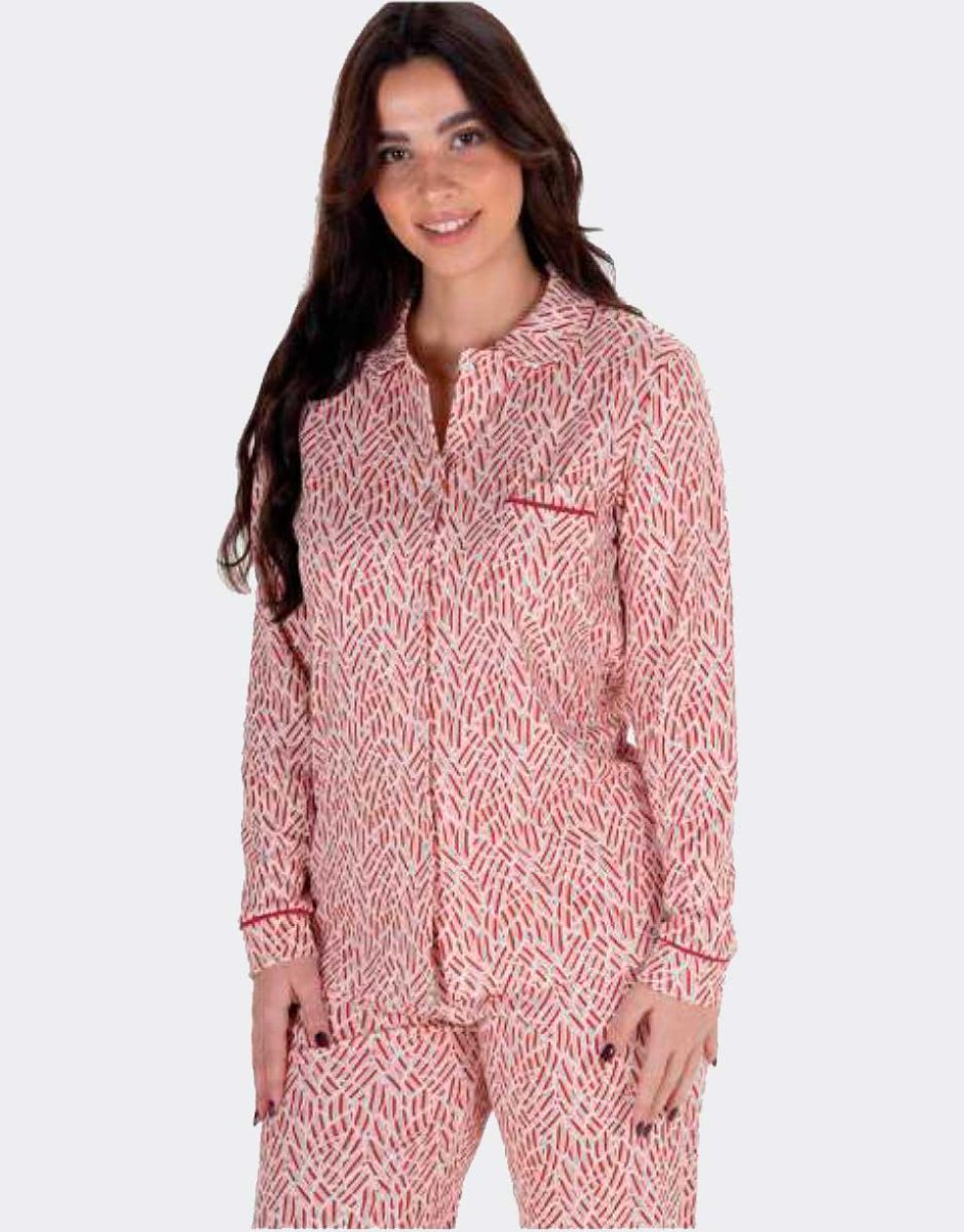 Pijama mujer felpa ABIERTO con cuello estampado rojo y asalmonado