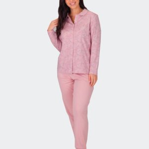 Pijama mujer punto felpa largo chaqueta abierta con cuello y bolsillos, rosado estampado floral