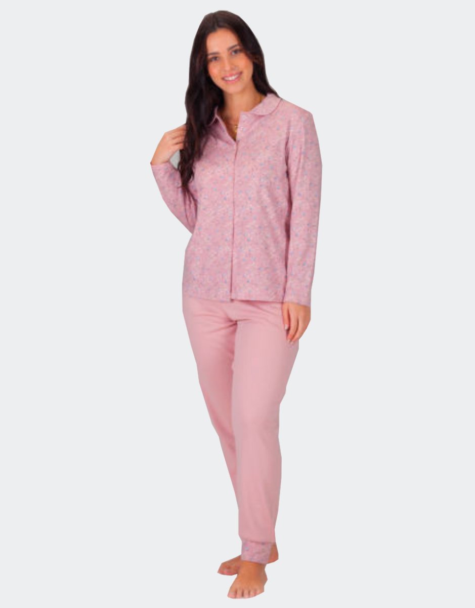 Pijama mujer punto felpa largo chaqueta abierta con cuello y bolsillos, rosado estampado floral - Imagen 2