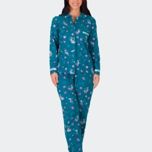 Pijama mujer punto largo chaqueta abierta con cuello y bolsillos, verde esmeralda estampado floral