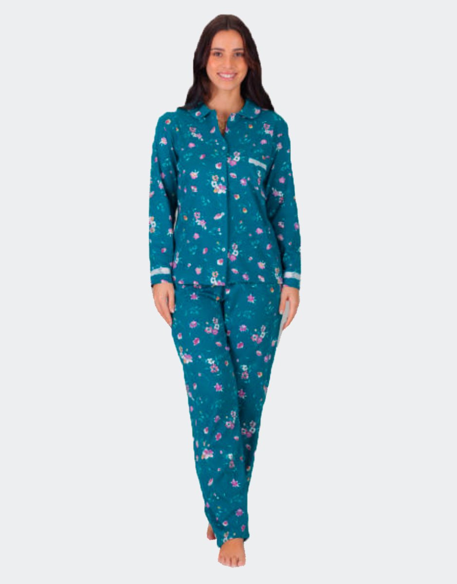 Pijama mujer punto largo chaqueta abierta con cuello y bolsillos, verde esmeralda estampado floral