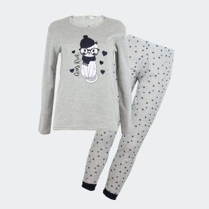 Pijama de mujer de punto felpa con gato con gafas y pantalón de estrellitas