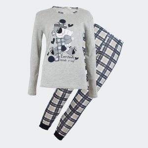 Pijama mujer punto felpa con osito y pantalones a cuadros