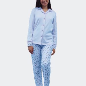 Pijama mujer punto felpa ABIERTO con cuello solapa estampado florecitas
