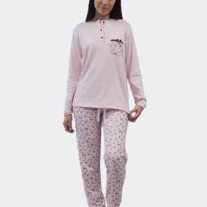 Pijama mujer punto felpa cuello redondo con tapeta y un bolsillo, pantalones a detalles estampados en florecillas